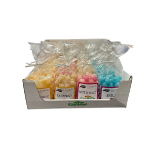 Caramelle drops 125 gr. - display assortito da 28 pz (anice, frutti di bosco, arancio limone, zenzero)